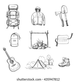 Drawing set of icons on the theme of outdoor activities , hiking