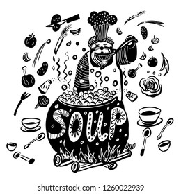 drawing set of isolated elements, chef in  cooking cap tasting soup, in huge cauldron with a hot soup under the open sky, sketch, hand drawn graphic comic cartoon doodle digital vector illustration.