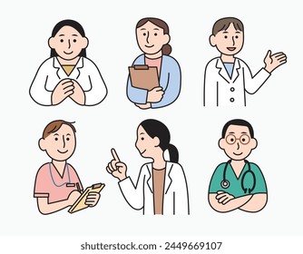 un conjunto de dibujos de los trabajadores médicos, incluyendo doctores, enfermeras y otros profesionales. Ilustración vectorial de estilo de dibujos animados.