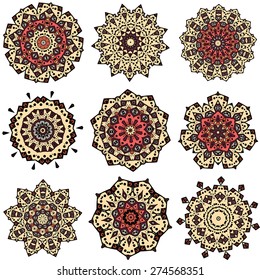  Drawing of set of nine ethnic round ornament mandalas