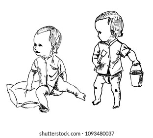 drawing a set of pictures of toddlers kids sitting on a pillow and playing with a bucket, sketch of a hand-drawn vector illustration