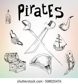 Drawing set of pirates party, hand drawn objects. 