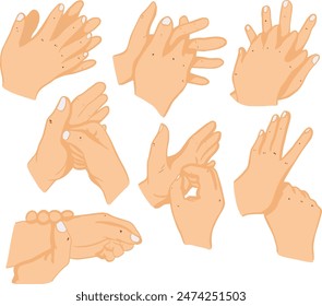 Drawing set of procedures for washing hands correctly, with 7 steps.Vector illustration.