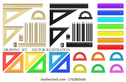 Drawing Set, ruler, protractor, pencils, eraser and sharpener realistic wood and plastic isolated on white background. Vector Illustration