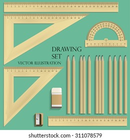 Drawing Set, ruler, protractor, pencils, eraser and sharpener realistic wood
