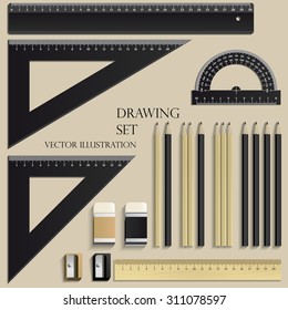 Drawing Set, ruler, protractor, pencils, eraser and sharpener realistic wood and plastic