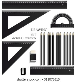 Drawing Set, ruler, protractor, pencils, eraser and sharpener realistic plastic