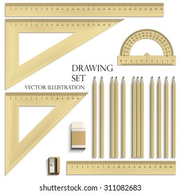 Drawing Set, ruler, protractor, pencils, eraser and sharpener realistic wood