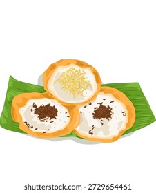 a drawing of a set serabi solo sweet cake with chesse and Chocolate granules on banana leaf from Indonesia. Made from sticky rice flour and coconut milk 