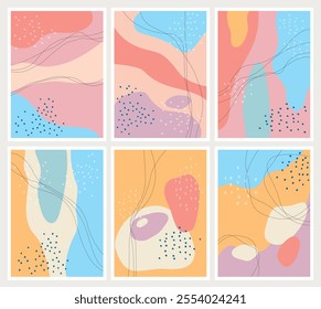 Drawing set of six abstract backgrounds. Various shapes,  lines, spots, curves, and doodle objects. Contemporary modern trendy Vector illustrations.