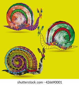 Drawing set of three snails
Set of three bright snail painted with various ornaments with elements doodle style image on a yellow background for decoration and design