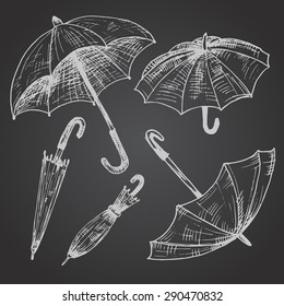 Drawing set of umbrellas. Umbrellas from a rain, female umbrellas. Vector illustration