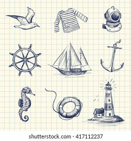 Drawing Set of vector icons on the theme of sailing . Isolated objects on the background of notebook sheet .