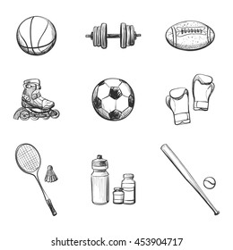 Drawing Set of vector icons on the theme of sport . Isolated pictures on a white background