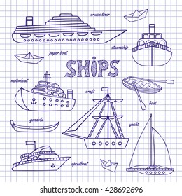 Drawing set of vector ships. Isolated objects on the background of notebook sheet.
