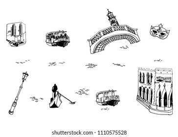drawing a set of Venetian symbols, hand-drawn vector illustration