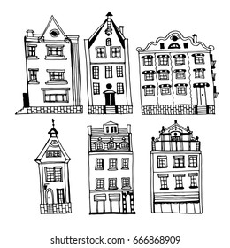 Drawing of a set of vintage houses of the old city of Riga, sketch of hand-drawn ink vector illustration