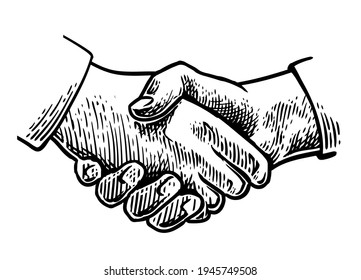 Drawing shake hands.
Businessman handshake sketch engraving vector illustration on white background.
