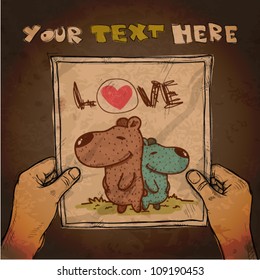 Drawing of a sheet of paper with cartoon bear characters  in hands. Vector.