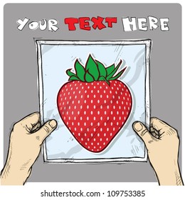 Drawing of a sheet of paper with cartoon berry illustration in hands. Vector.