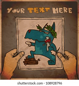 Drawing of a sheet of paper with cartoon doggy illustration in hands. Vector.