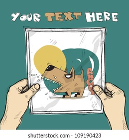 Drawing of a sheet of paper with cartoon doggy illustration in hands. Vector.