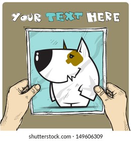 Drawing of a sheet of paper with cartoon doggy illustration in hands. Vector.