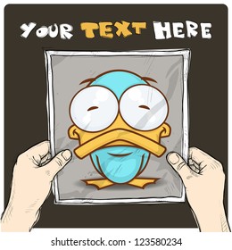 Drawing of a sheet of paper with cartoon duck illustration in hands. Vector.