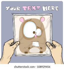 Drawing of a sheet of paper with cartoon hamster illustration in hands. Vector.