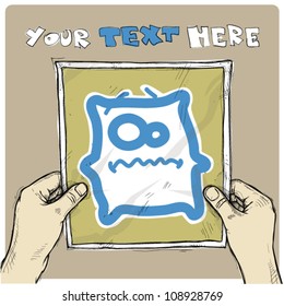 Drawing of a sheet of paper with cartoon monster illustration in hands. Vector.