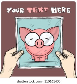 Drawing of a sheet of paper with cartoon pig illustration in hands. Vector.