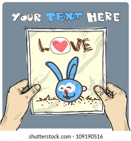 Drawing of a sheet of paper with cartoon rabbit illustration in hands. Vector.