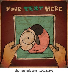 Drawing of a sheet of paper with cartoon sheep illustration in hands. Vector.