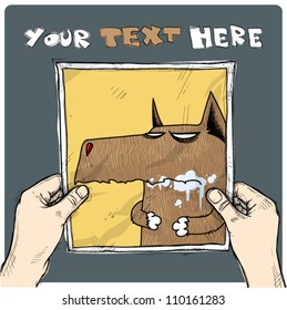 Drawing of a sheet of paper with cartoon wolf illustration in hands. Vector.
