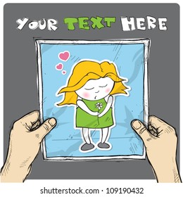 Drawing of a sheet of paper with cute sleeping girl character illustration in hands. Vector.