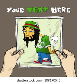 Drawing of a sheet of paper with rasta character illustration in hands. Vector.