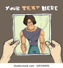 Drawing of a sheet of paper with strong cartoon character illustration in hands. Vector.