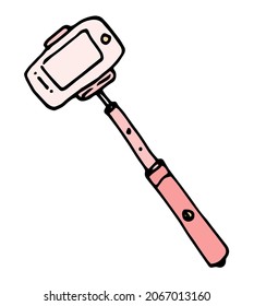 drawing from the shelf for selfies. hand-drawn doodle style selfie stick in doodle style with phone, pink on white background for design template