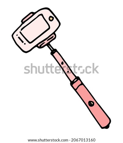 drawing from the shelf for selfies. hand-drawn doodle style selfie stick in doodle style with phone, pink on white background for design template