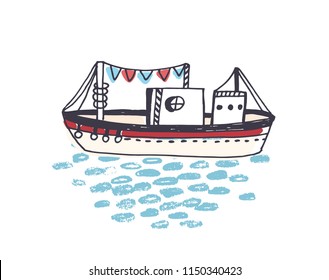 Drawing of ship, ferry or ferryboat with mast floating on ocean waves. Marine vessel or yacht in sea journey, trip or adventure travel. Colorful hand drawn vector illustration in doodle style.