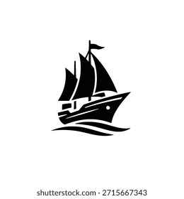 Dibujo de la nave flotando sobre las olas. Ilustración vectorial simple.
