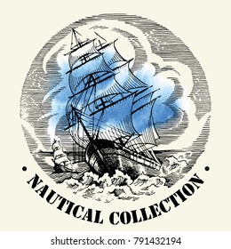 Drawing of ship and sea made in old gravure style. Vector illustration. Hand drawing sketch.