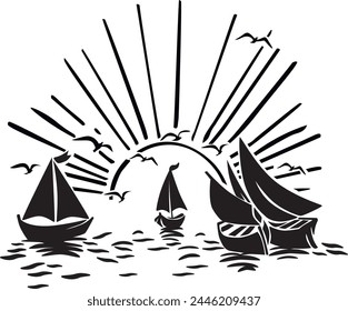 drawing of ships sailing at dawn