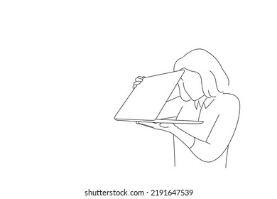 Drawing of shocked frightened woman looking furtively at half closed laptop screen, upset scared of error. Outline drawing style art
