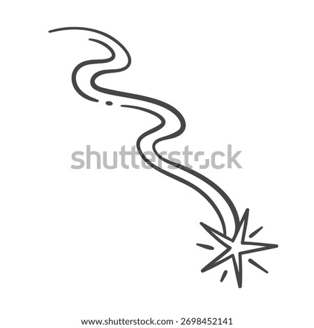 Drawing shooting space star with trails. Doodle icon of star moving through cosmic space. Sketch falling glide star vector illustration.