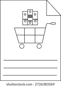 Dibujo de un Carrito de compras con documentos en una página con líneas, una esquina doblada y un borde negro