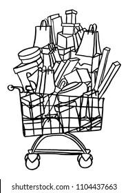 drawing of  shopping cart and purchases, a sketch of a hand-drawn vector illustration