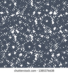 Drawing with a lot of short and thick lines at random. Different white shapes, larger or smaller, with sharp corners, scattered on dark blue background. Textile pattern. Vector illustration. 
