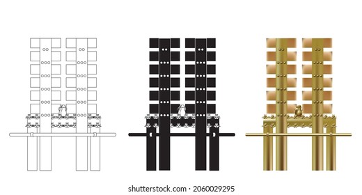 A drawing of the showbread table of the Temple in Jerusalem. Ancient historic gold table. On it are placed 12 square loaves of bread.
Colorful vector drawing, black silhouette, for coloring.