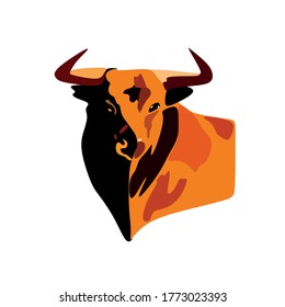The drawing shows an angry brown bull. A wild animal has big horns and a strong body and it is angry Vector illustration